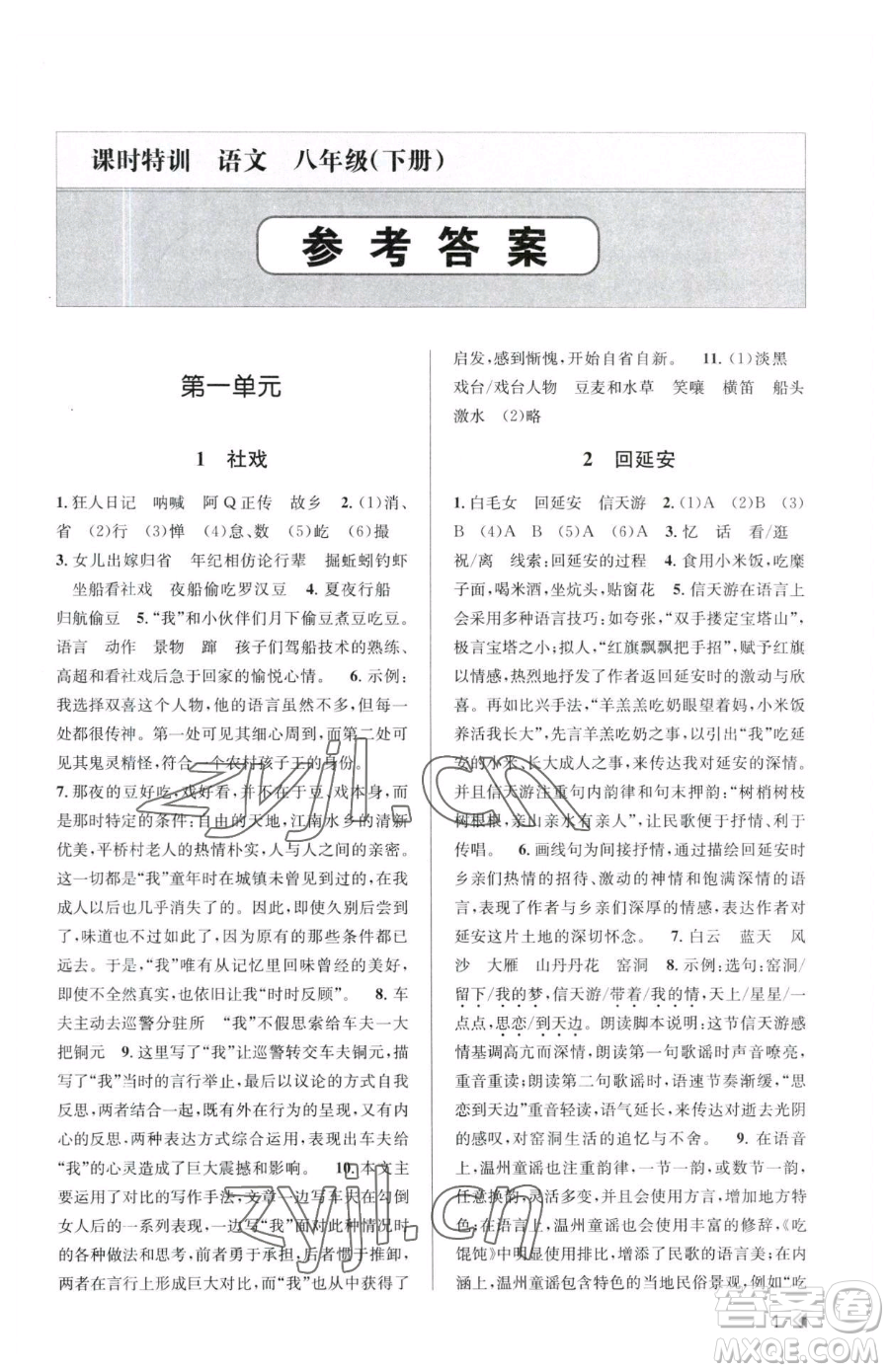 浙江人民出版社2023課時特訓(xùn)八年級下冊語文人教版參考答案