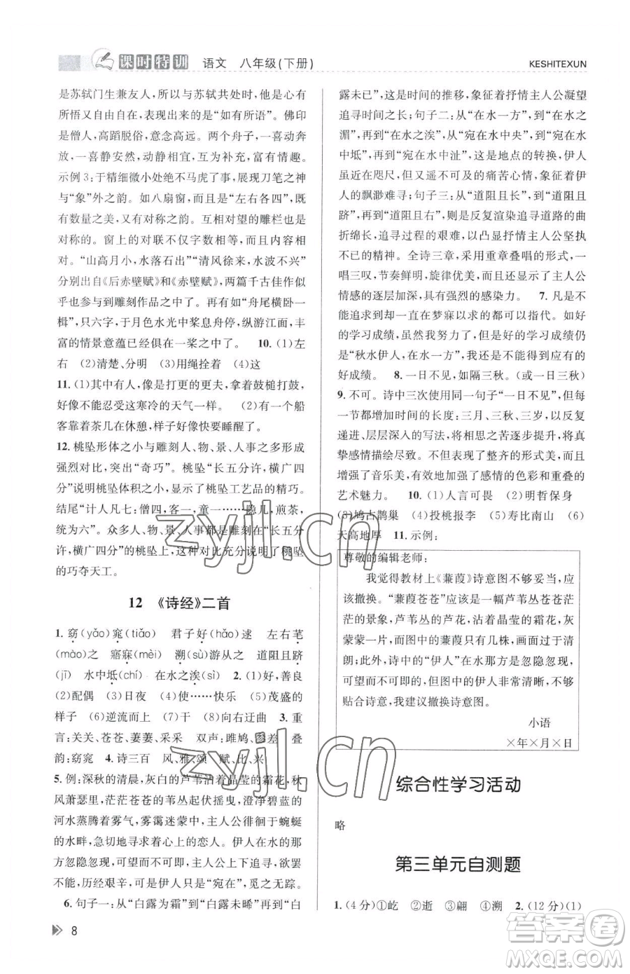 浙江人民出版社2023課時特訓(xùn)八年級下冊語文人教版參考答案
