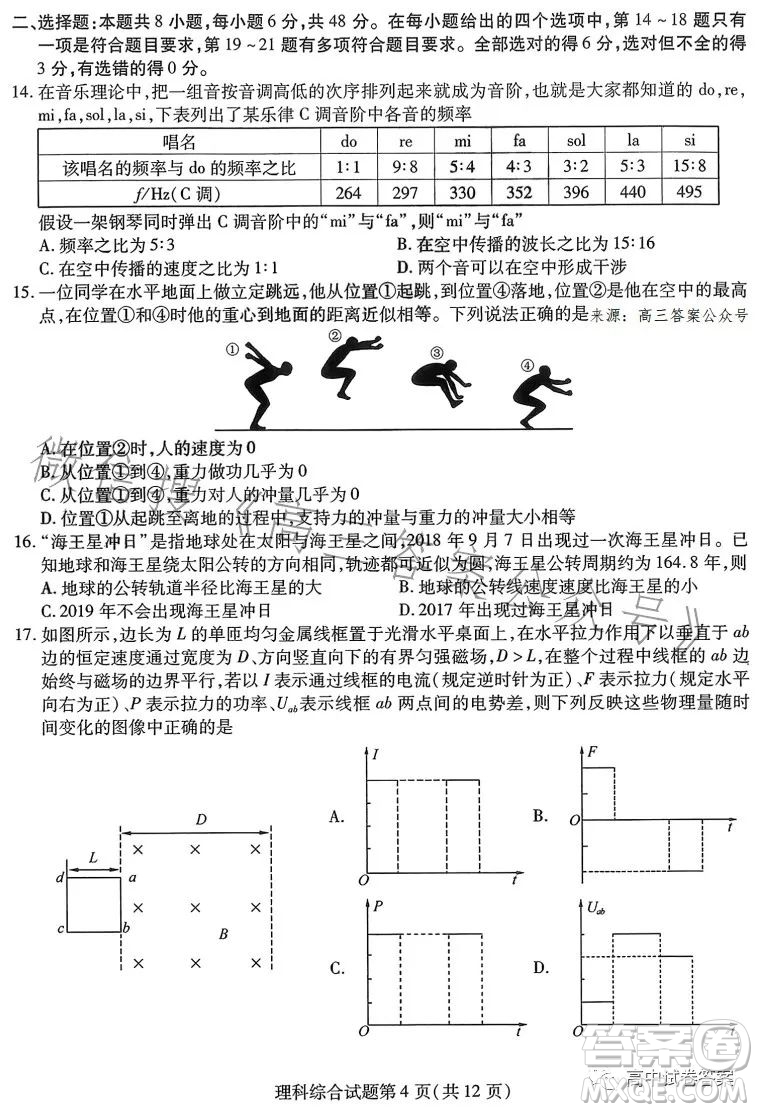 哈師大附中2023年高三第四次模擬考試?yán)砜凭C合試卷答案