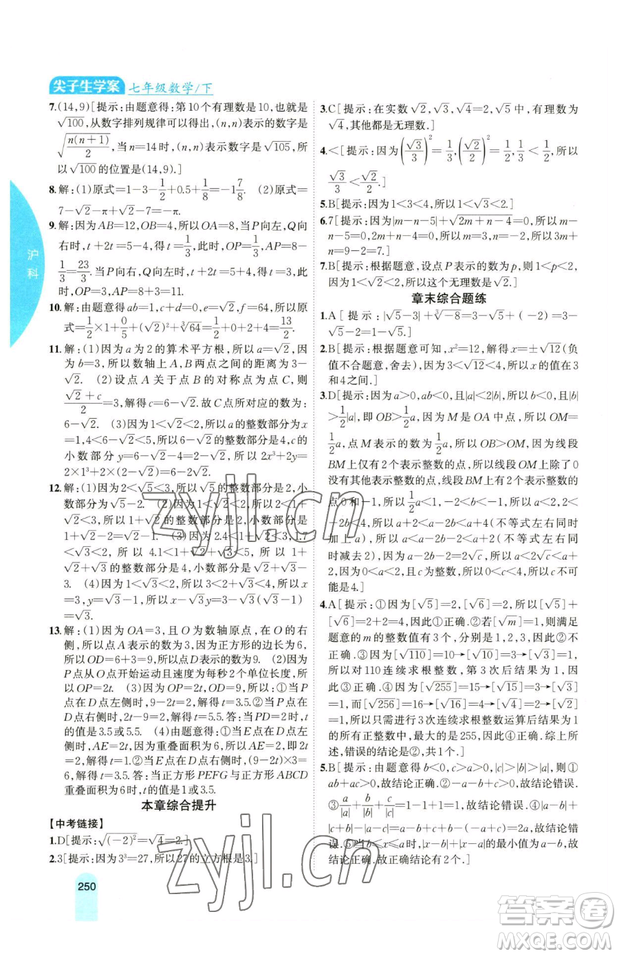 吉林人民出版社2023尖子生學(xué)案七年級下冊數(shù)學(xué)滬科版參考答案