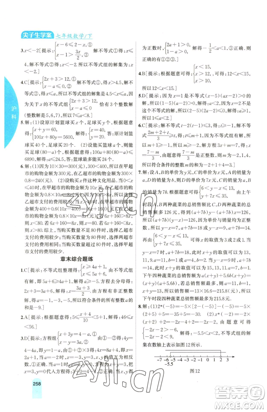 吉林人民出版社2023尖子生學(xué)案七年級下冊數(shù)學(xué)滬科版參考答案
