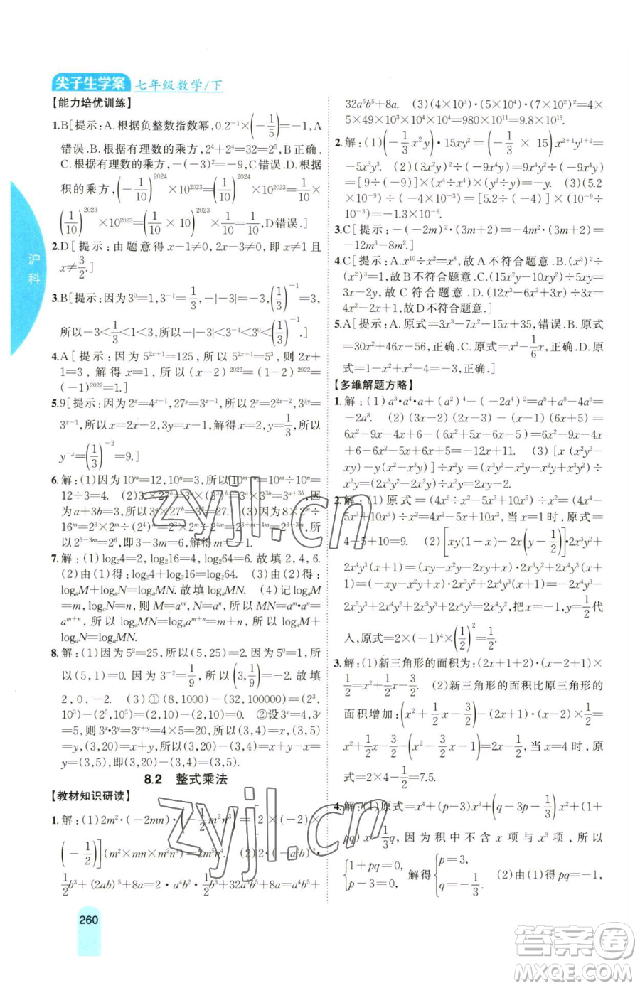 吉林人民出版社2023尖子生學(xué)案七年級下冊數(shù)學(xué)滬科版參考答案