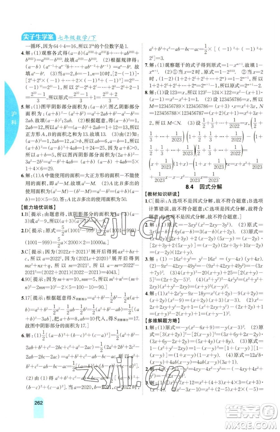 吉林人民出版社2023尖子生學(xué)案七年級下冊數(shù)學(xué)滬科版參考答案