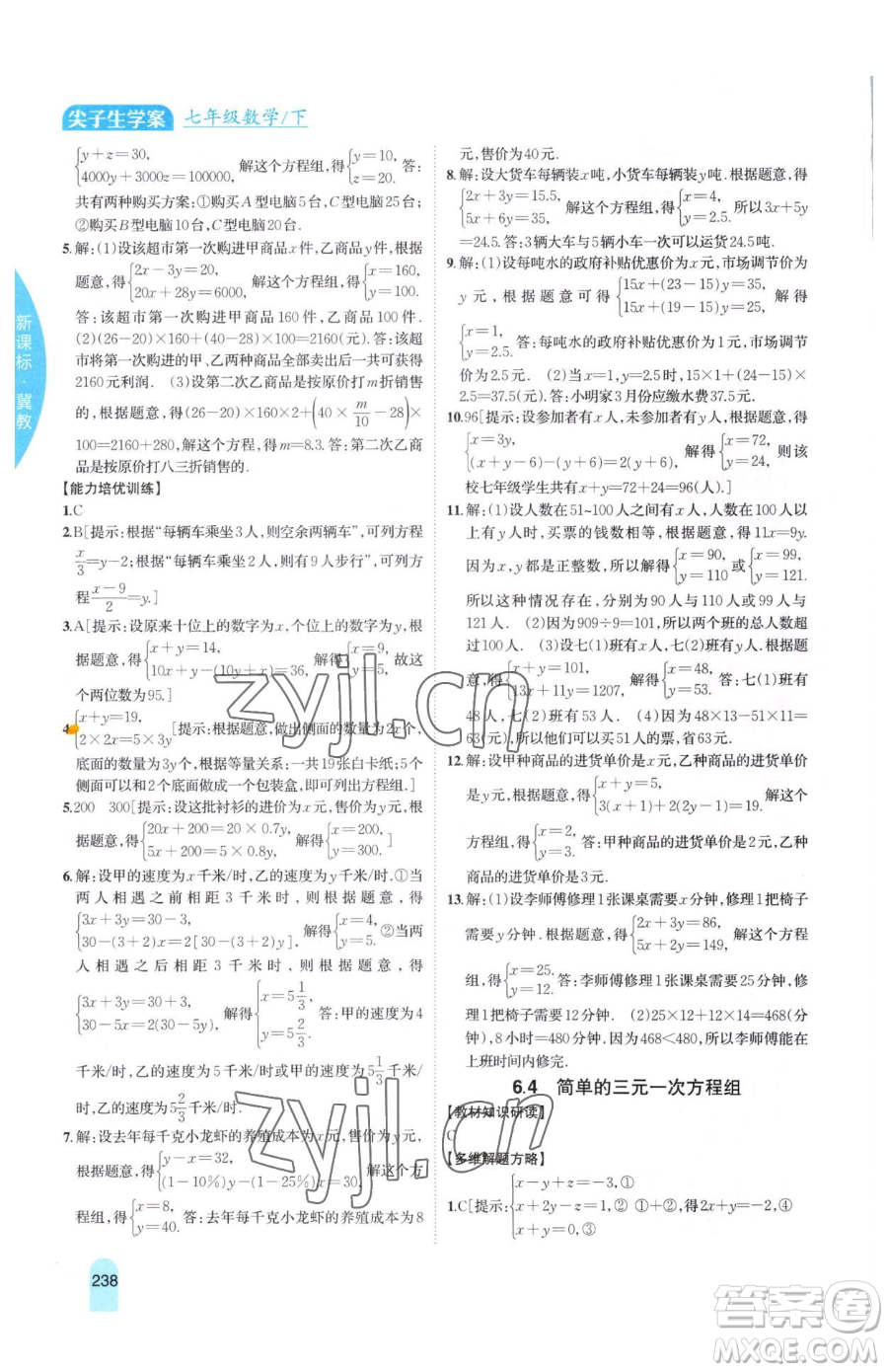 吉林人民出版社2023尖子生學(xué)案七年級下冊數(shù)學(xué)冀教版參考答案