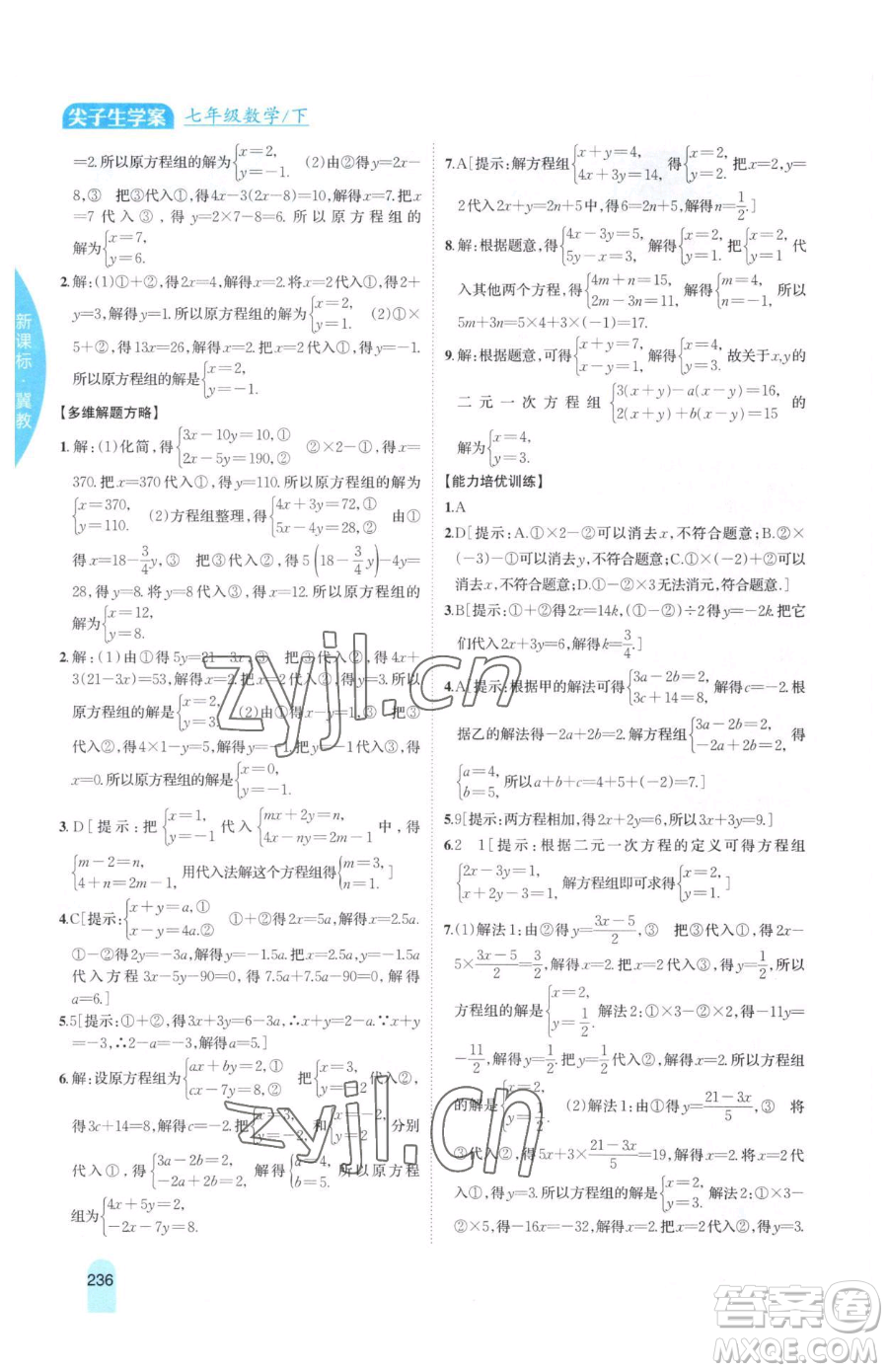 吉林人民出版社2023尖子生學(xué)案七年級下冊數(shù)學(xué)冀教版參考答案