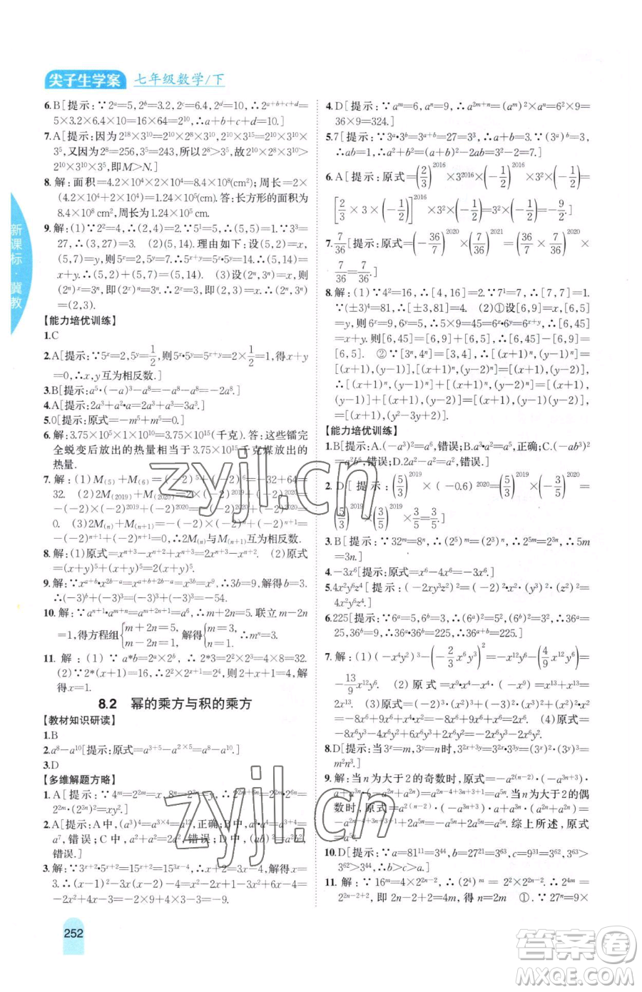 吉林人民出版社2023尖子生學(xué)案七年級下冊數(shù)學(xué)冀教版參考答案