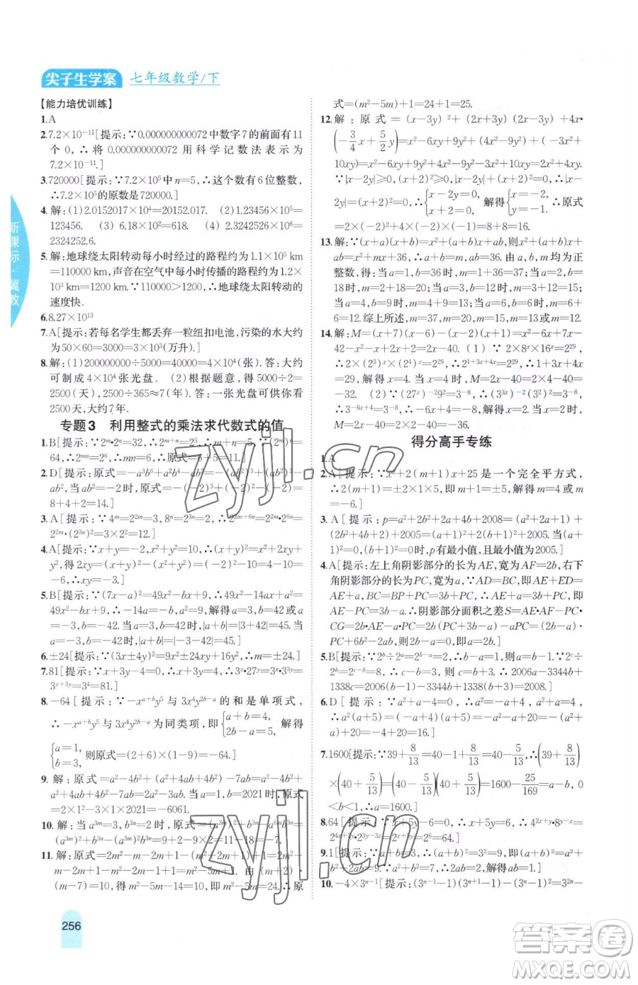 吉林人民出版社2023尖子生學(xué)案七年級下冊數(shù)學(xué)冀教版參考答案