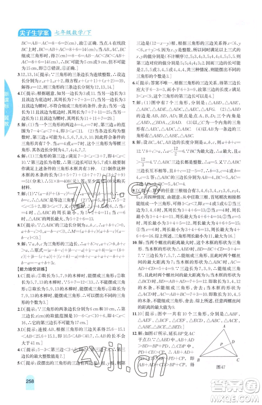 吉林人民出版社2023尖子生學(xué)案七年級下冊數(shù)學(xué)冀教版參考答案