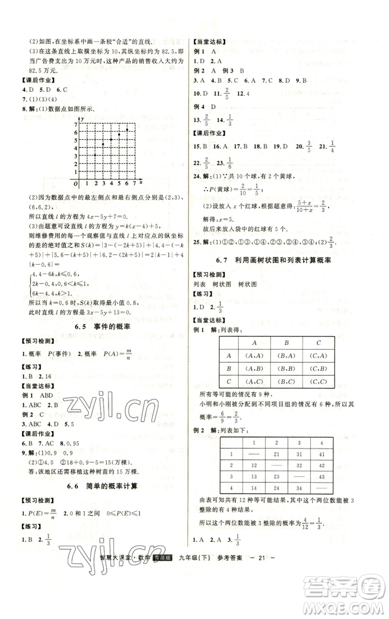 吉林人民出版社2023初中新課標名師學案智慧大課堂九年級數(shù)學下冊青島版參考答案