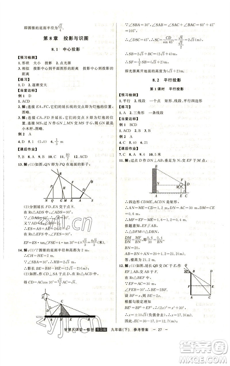 吉林人民出版社2023初中新課標名師學案智慧大課堂九年級數(shù)學下冊青島版參考答案