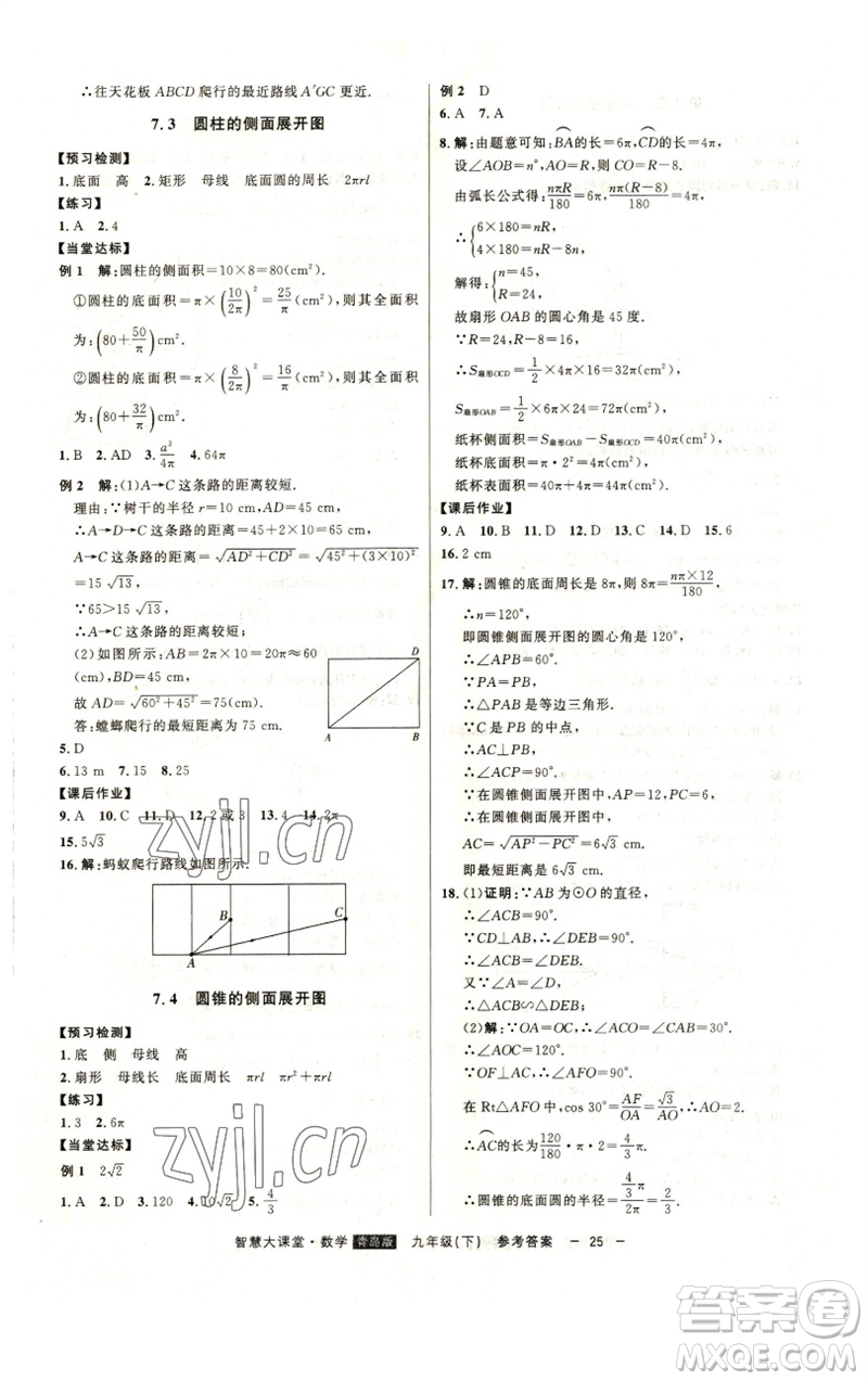 吉林人民出版社2023初中新課標名師學案智慧大課堂九年級數(shù)學下冊青島版參考答案