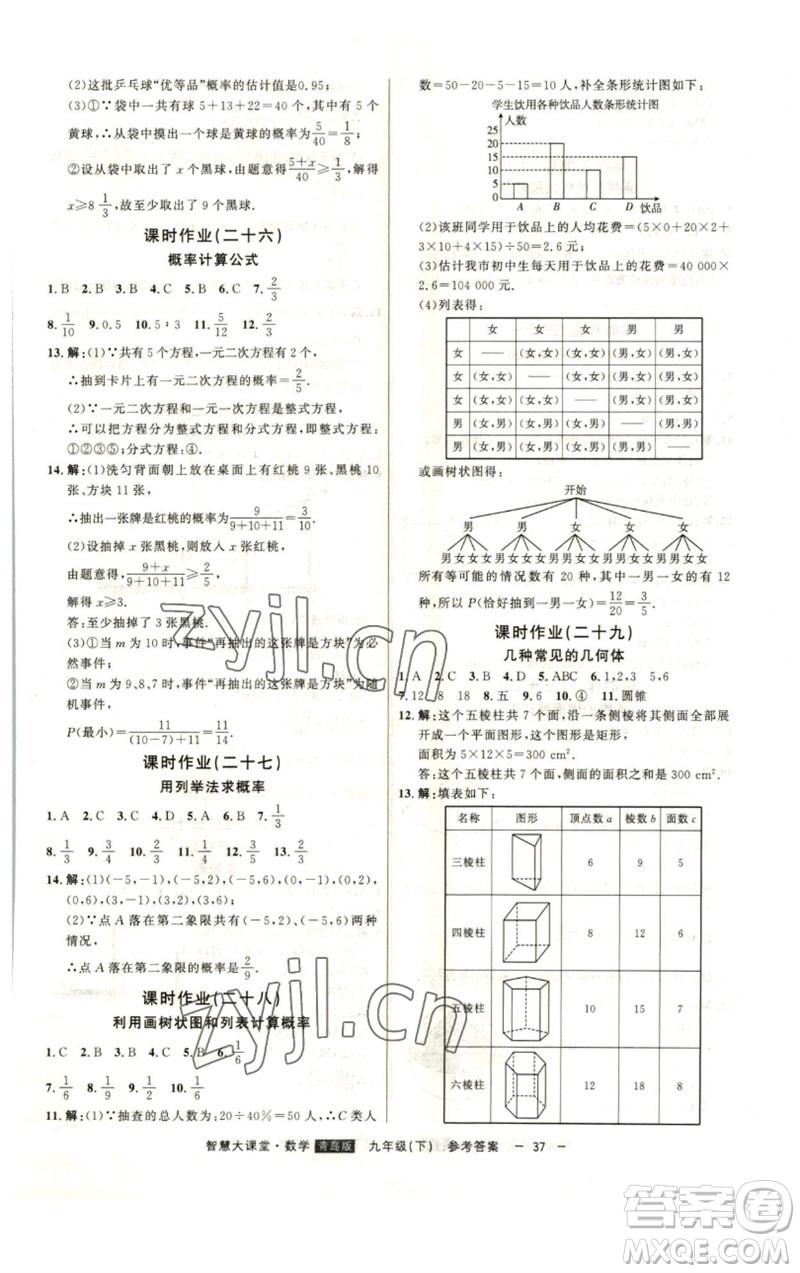 吉林人民出版社2023初中新課標名師學案智慧大課堂九年級數(shù)學下冊青島版參考答案