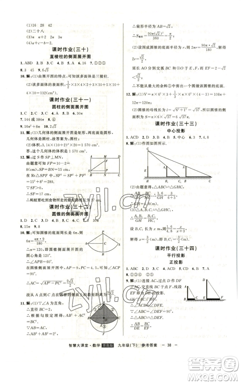 吉林人民出版社2023初中新課標名師學案智慧大課堂九年級數(shù)學下冊青島版參考答案