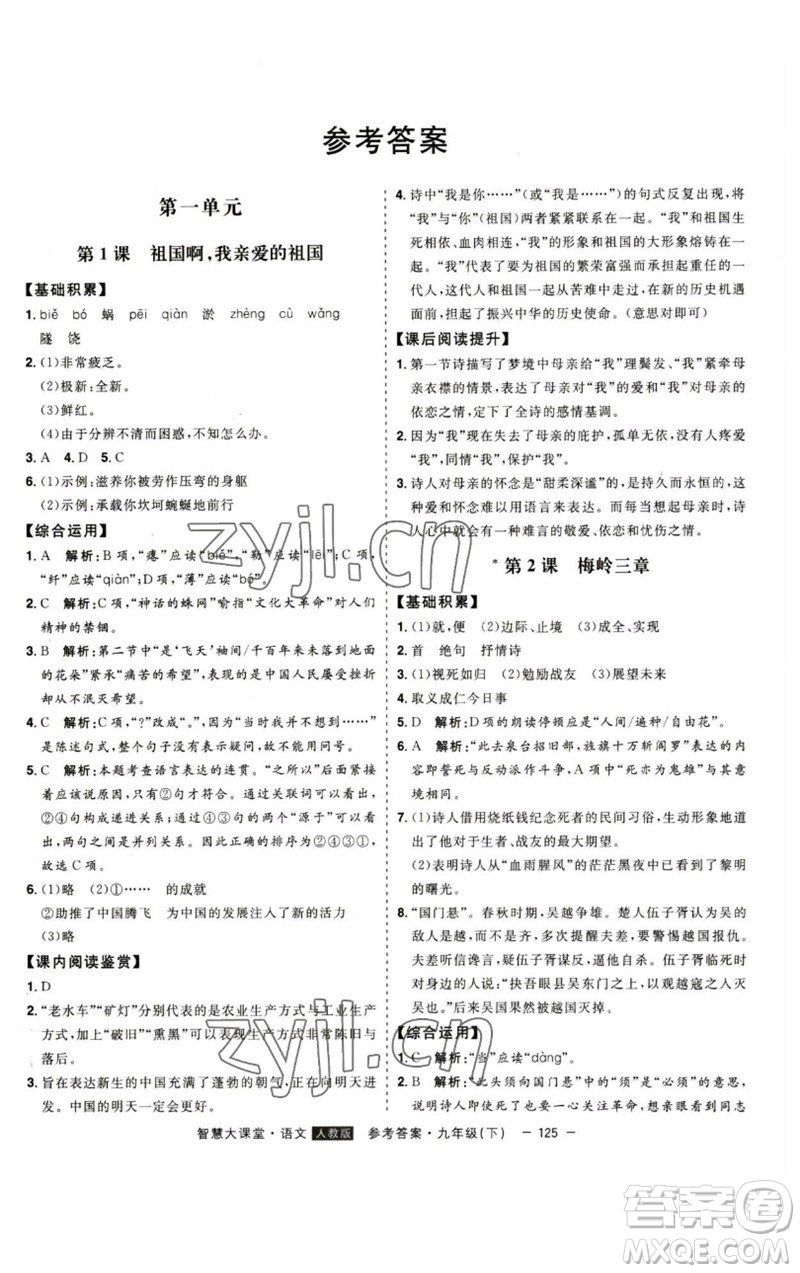 吉林人民出版社2023初中新課標(biāo)名師學(xué)案智慧大課堂九年級(jí)語(yǔ)文下冊(cè)人教版參考答案