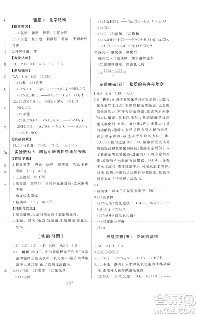 吉林人民出版社2023初中新課標(biāo)名師學(xué)案智慧大課堂九年級化學(xué)下冊人教版參考答案
