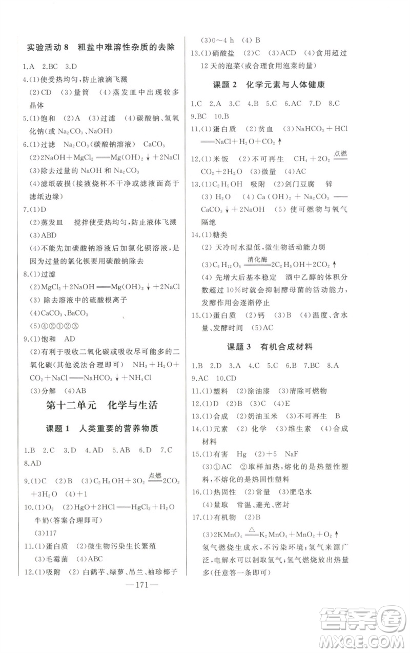 吉林人民出版社2023初中新課標(biāo)名師學(xué)案智慧大課堂九年級化學(xué)下冊人教版參考答案
