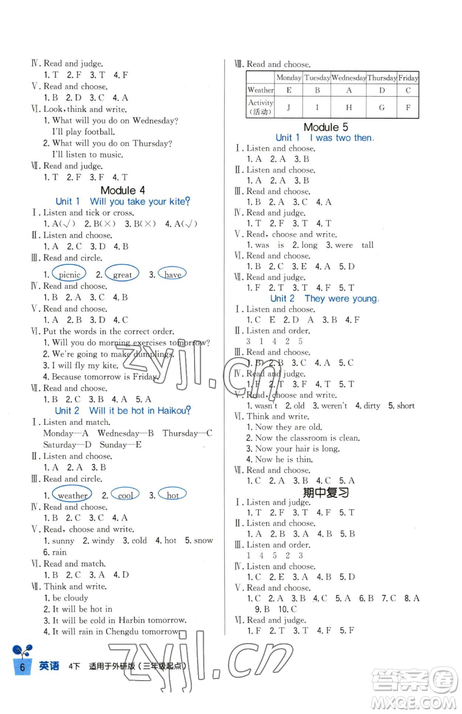 四川教育出版社2023新課標(biāo)小學(xué)生學(xué)習(xí)實(shí)踐園地四年級(jí)下冊(cè)英語(yǔ)外研版三起參考答案