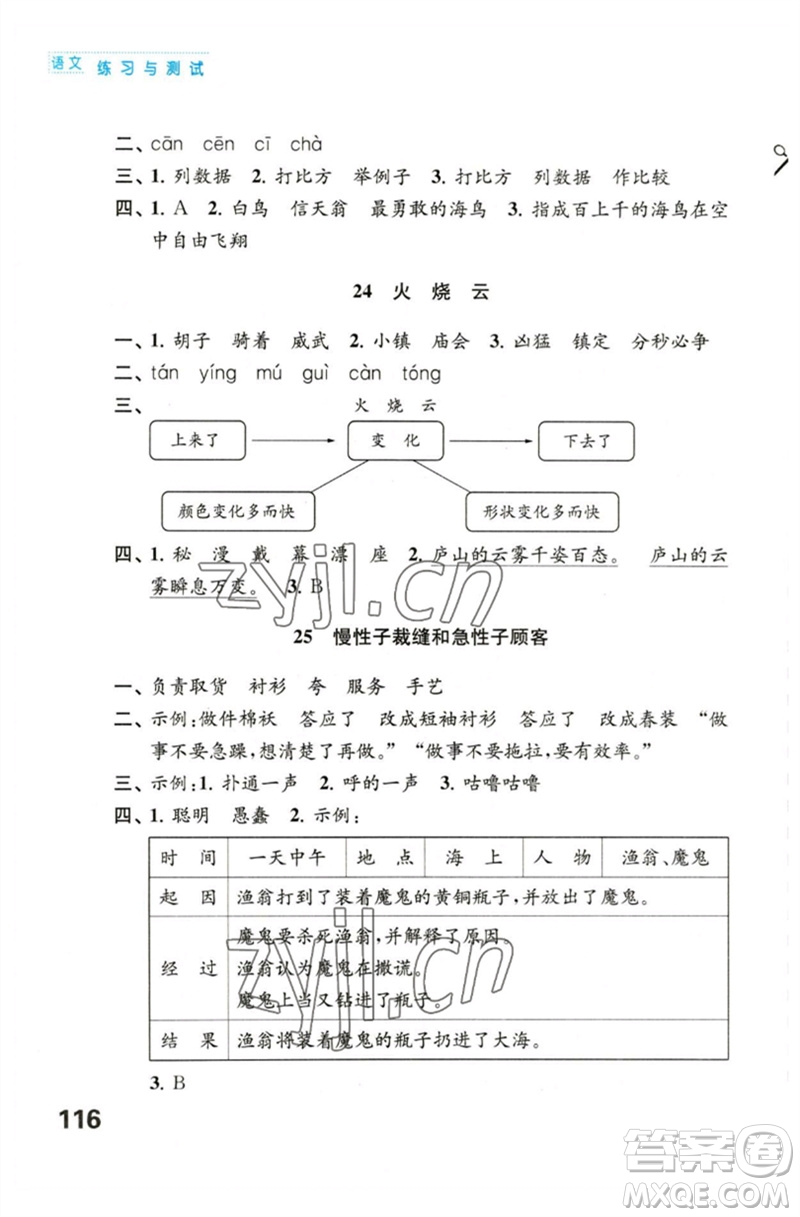 江蘇鳳凰教育出版社2023練習(xí)與測(cè)試小學(xué)語(yǔ)文三年級(jí)下冊(cè)人教版陜西專版參考答案
