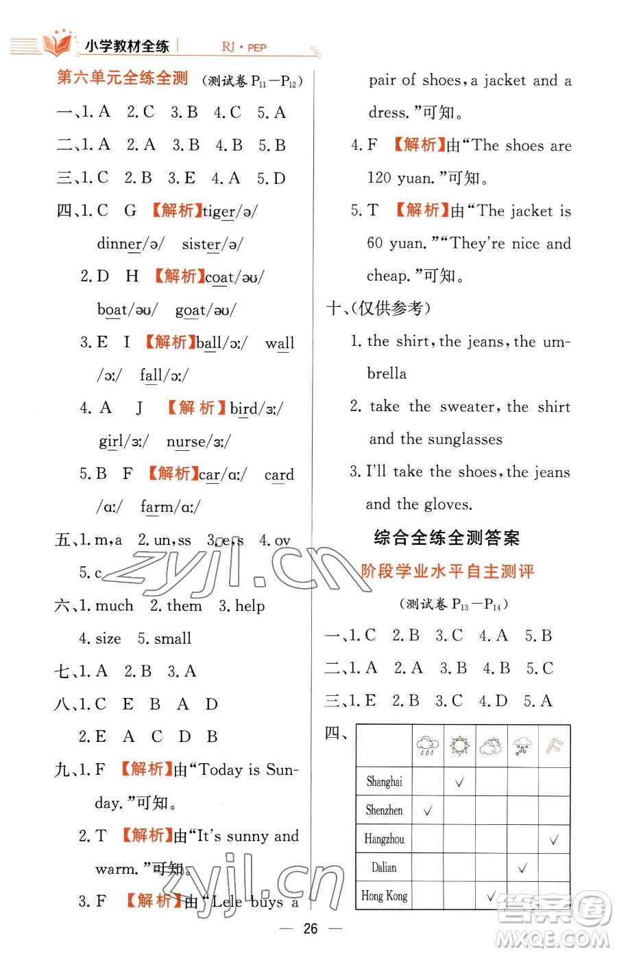 陜西人民教育出版社2023小學(xué)教材全練四年級下冊英語人教PEP版三起參考答案