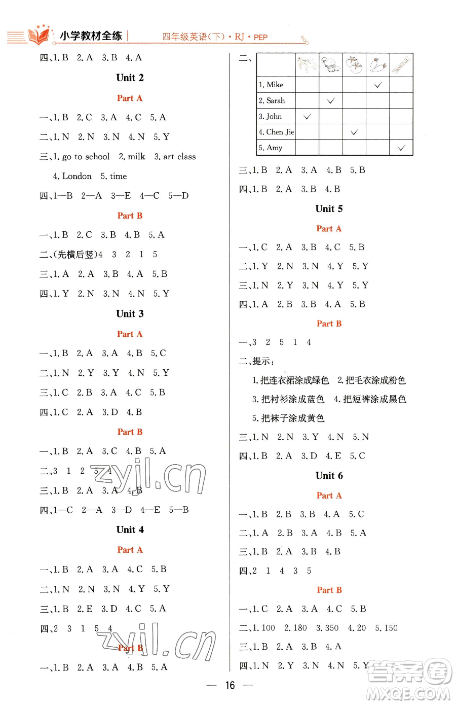 陜西人民教育出版社2023小學(xué)教材全練四年級下冊英語人教PEP版三起參考答案