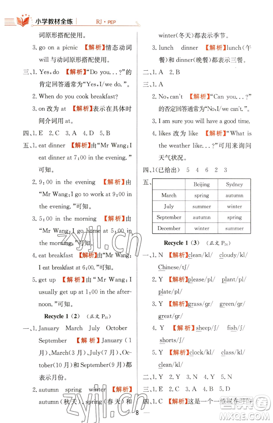 陜西人民教育出版社2023小學教材全練五年級下冊英語人教PEP版三起參考答案
