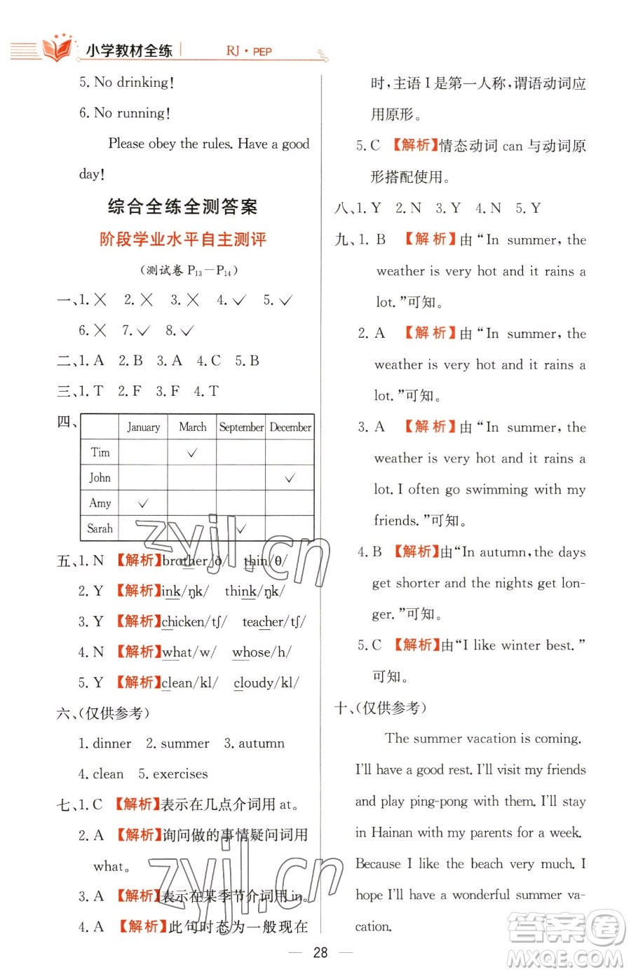陜西人民教育出版社2023小學教材全練五年級下冊英語人教PEP版三起參考答案
