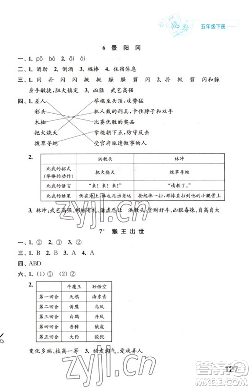 江蘇鳳凰教育出版社2023練習(xí)與測試小學(xué)語文五年級下冊人教版陜西專版參考答案