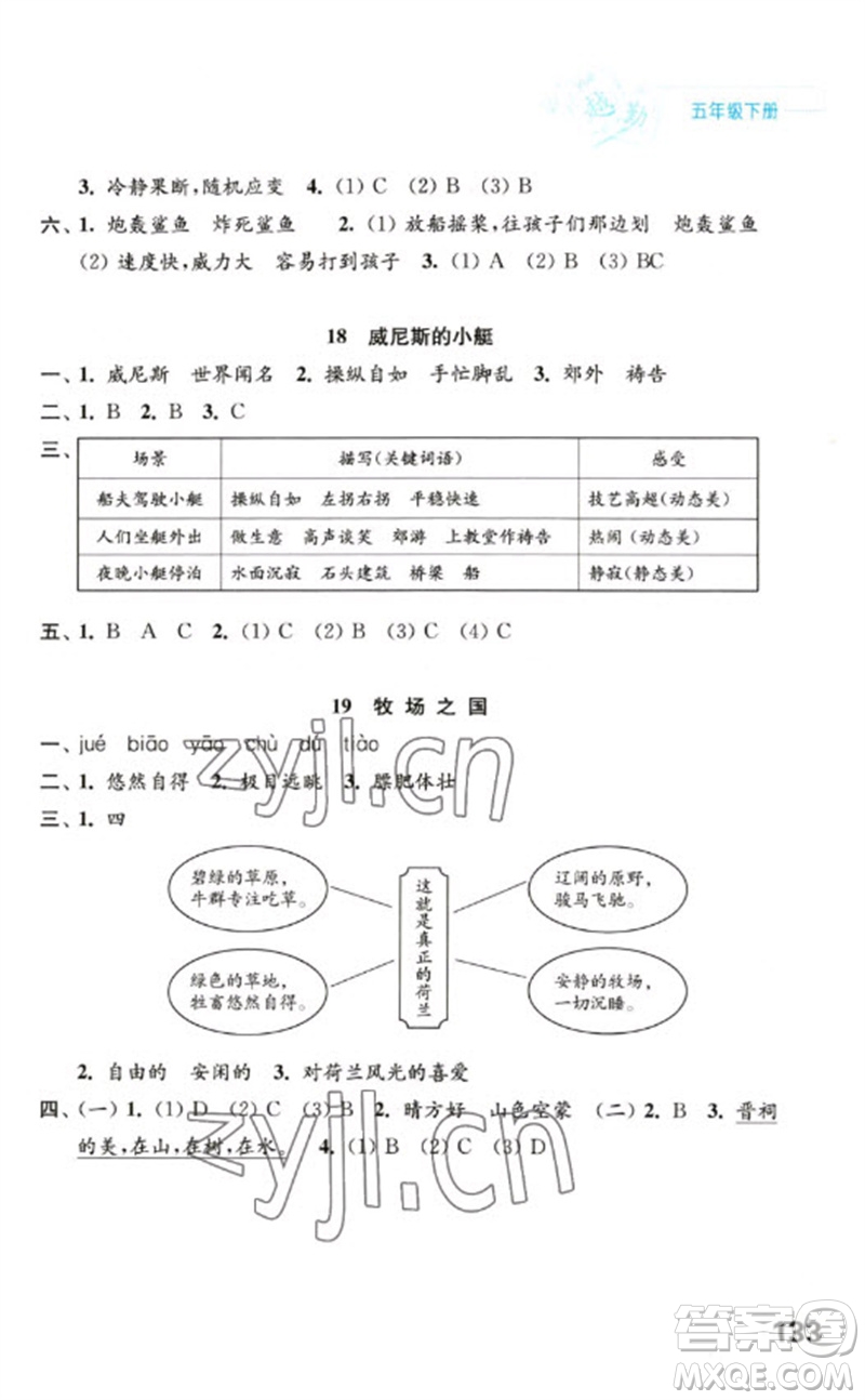 江蘇鳳凰教育出版社2023練習(xí)與測試小學(xué)語文五年級下冊人教版陜西專版參考答案