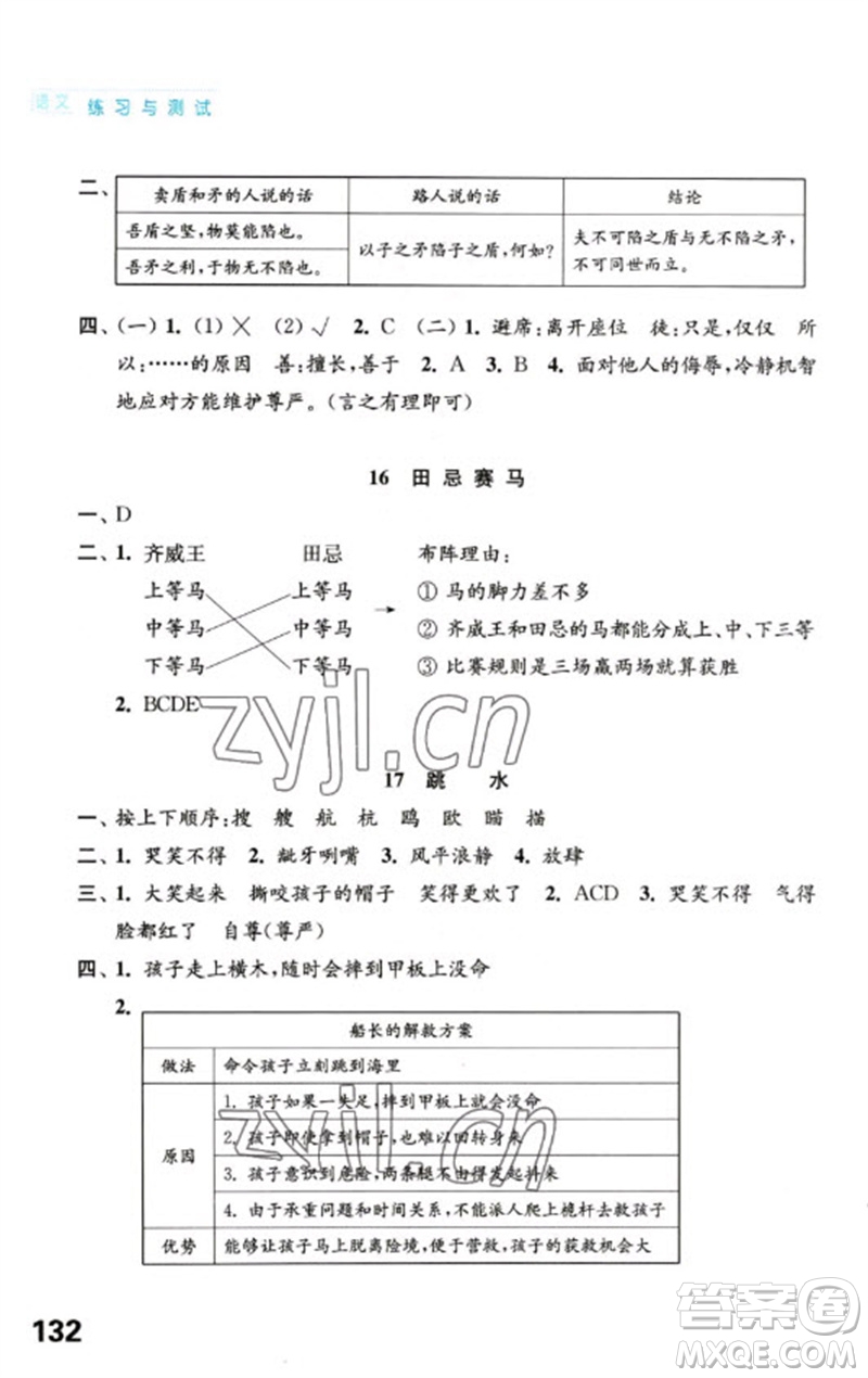 江蘇鳳凰教育出版社2023練習(xí)與測試小學(xué)語文五年級下冊人教版陜西專版參考答案