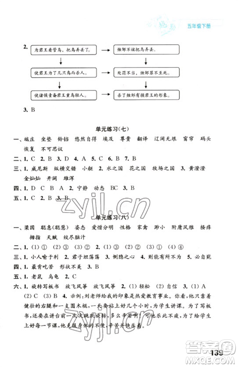江蘇鳳凰教育出版社2023練習(xí)與測試小學(xué)語文五年級下冊人教版陜西專版參考答案