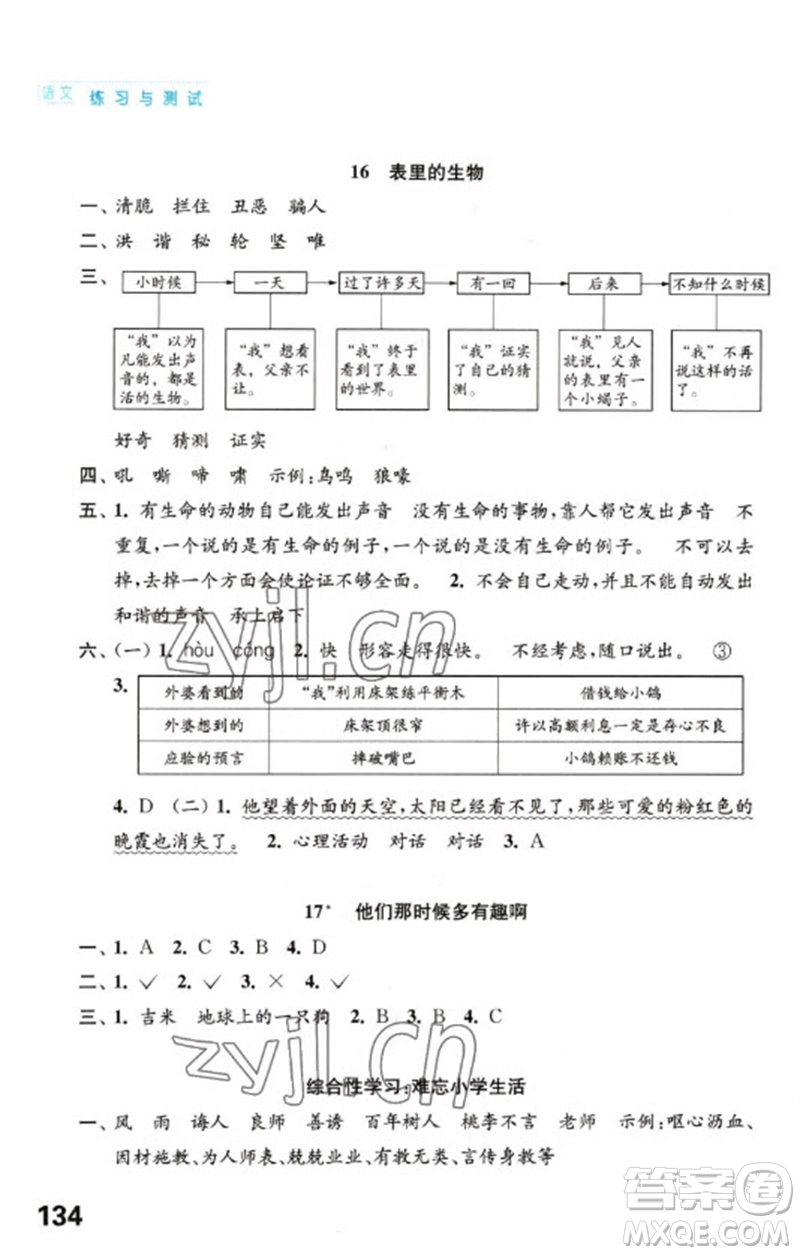 江蘇鳳凰教育出版社2023練習(xí)與測(cè)試小學(xué)語(yǔ)文六年級(jí)下冊(cè)人教版陜西專(zhuān)版參考答案