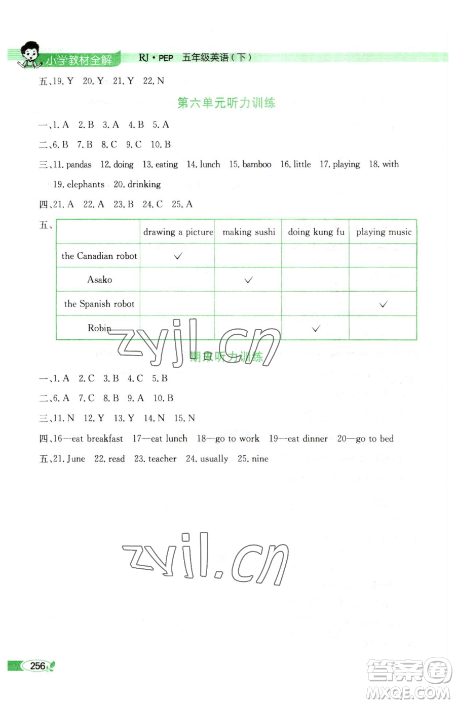 陜西人民教育出版社2023小學教材全解五年級下冊英語人教PEP版三起參考答案