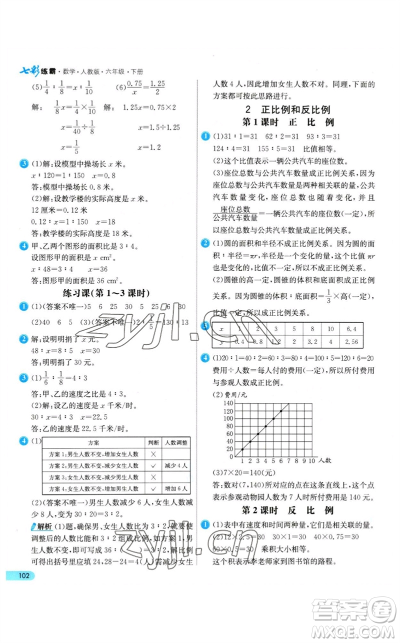 河北教育出版社2023七彩練霸六年級數(shù)學下冊人教版參考答案