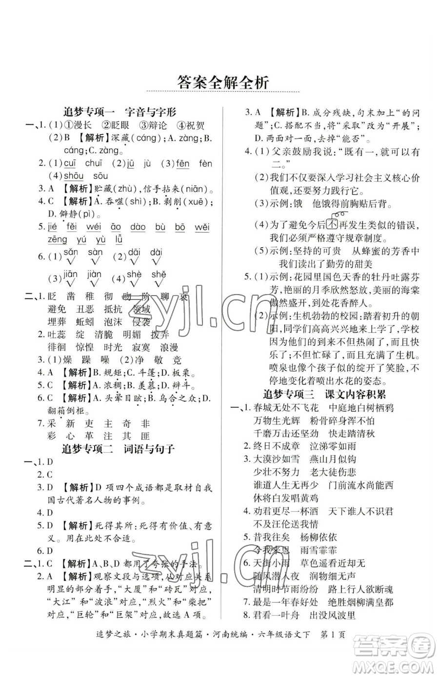 天津科學(xué)技術(shù)出版社2023追夢(mèng)之旅小學(xué)期末真題篇六年級(jí)下冊(cè)語(yǔ)文人教版河南專版參考答案