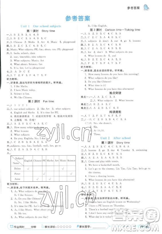 云南科技出版社2023智慧翔奪冠小狀元課時作業(yè)本四年級下冊英語譯林版參考答案