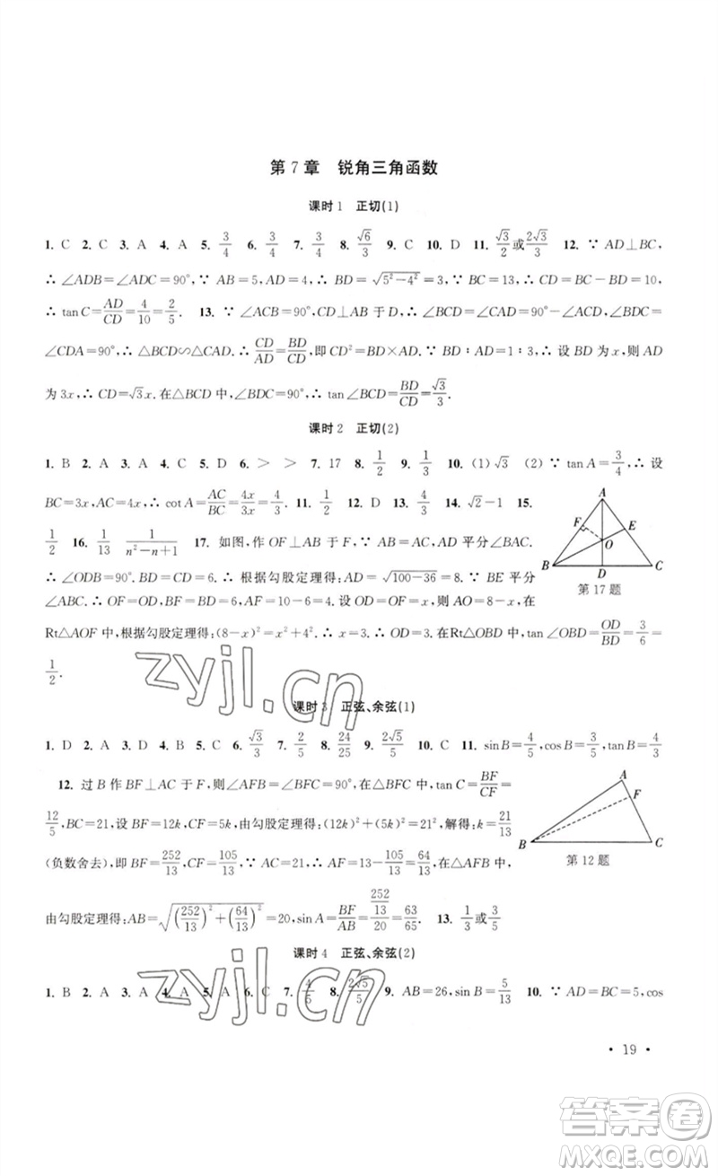 安徽人民出版社2023高效精練九年級數(shù)學下冊蘇科版參考答案