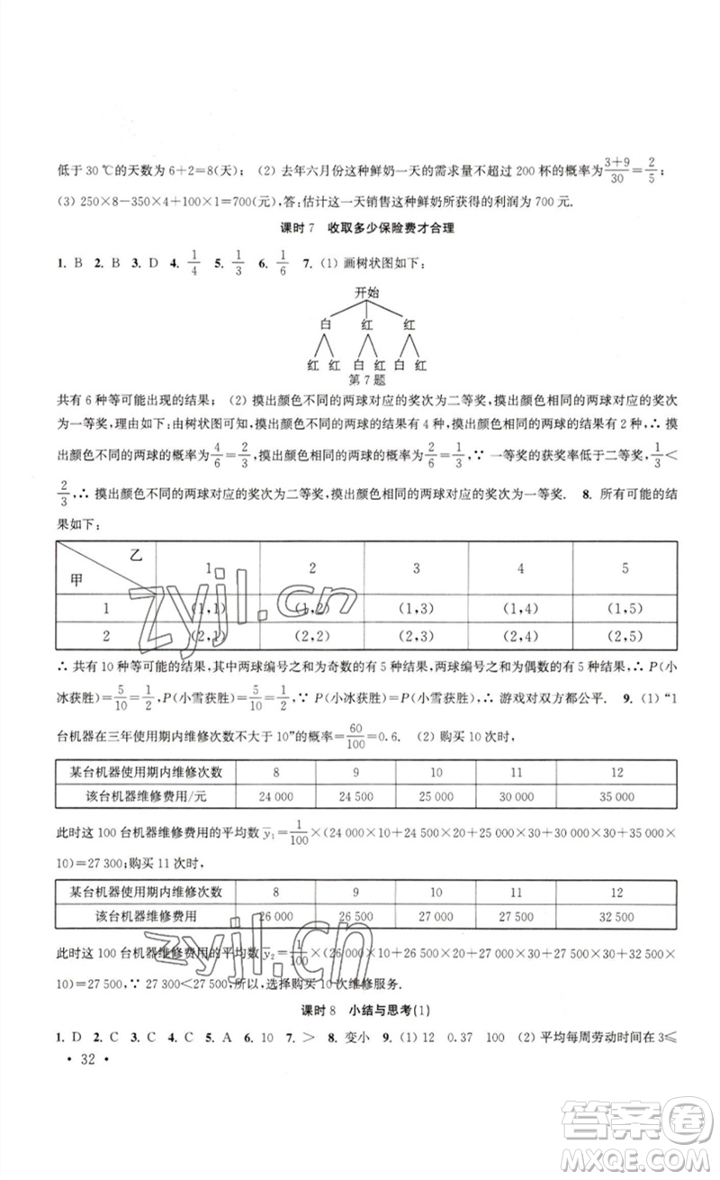 安徽人民出版社2023高效精練九年級數(shù)學下冊蘇科版參考答案