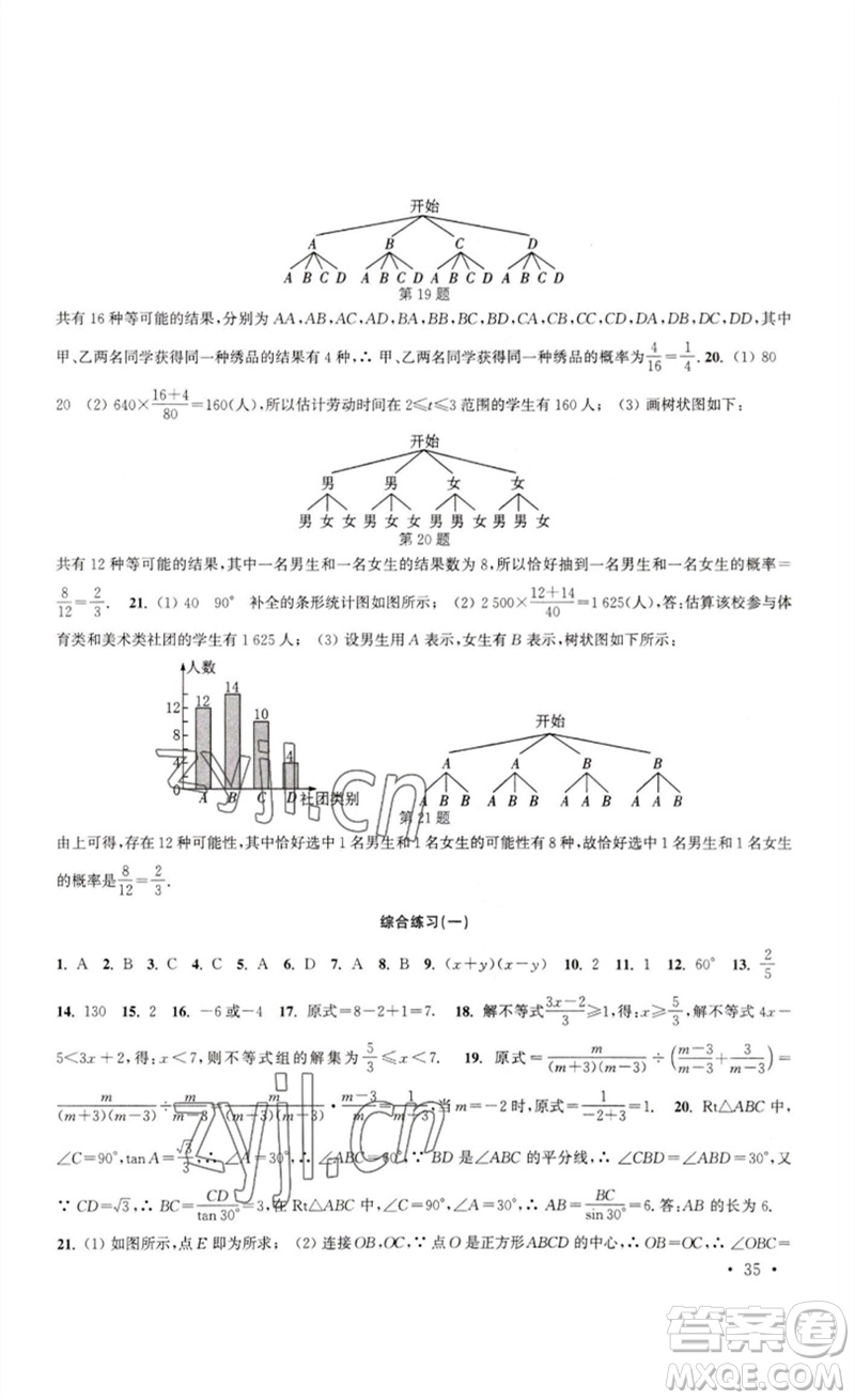 安徽人民出版社2023高效精練九年級數(shù)學下冊蘇科版參考答案