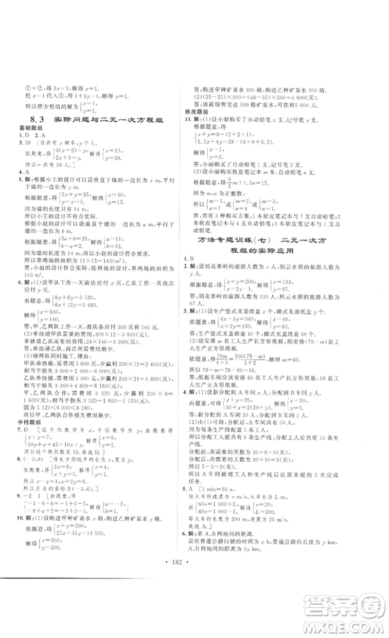 安徽人民出版社2023思路教練同步課時作業(yè)七年級數(shù)學(xué)下冊人教版參考答案
