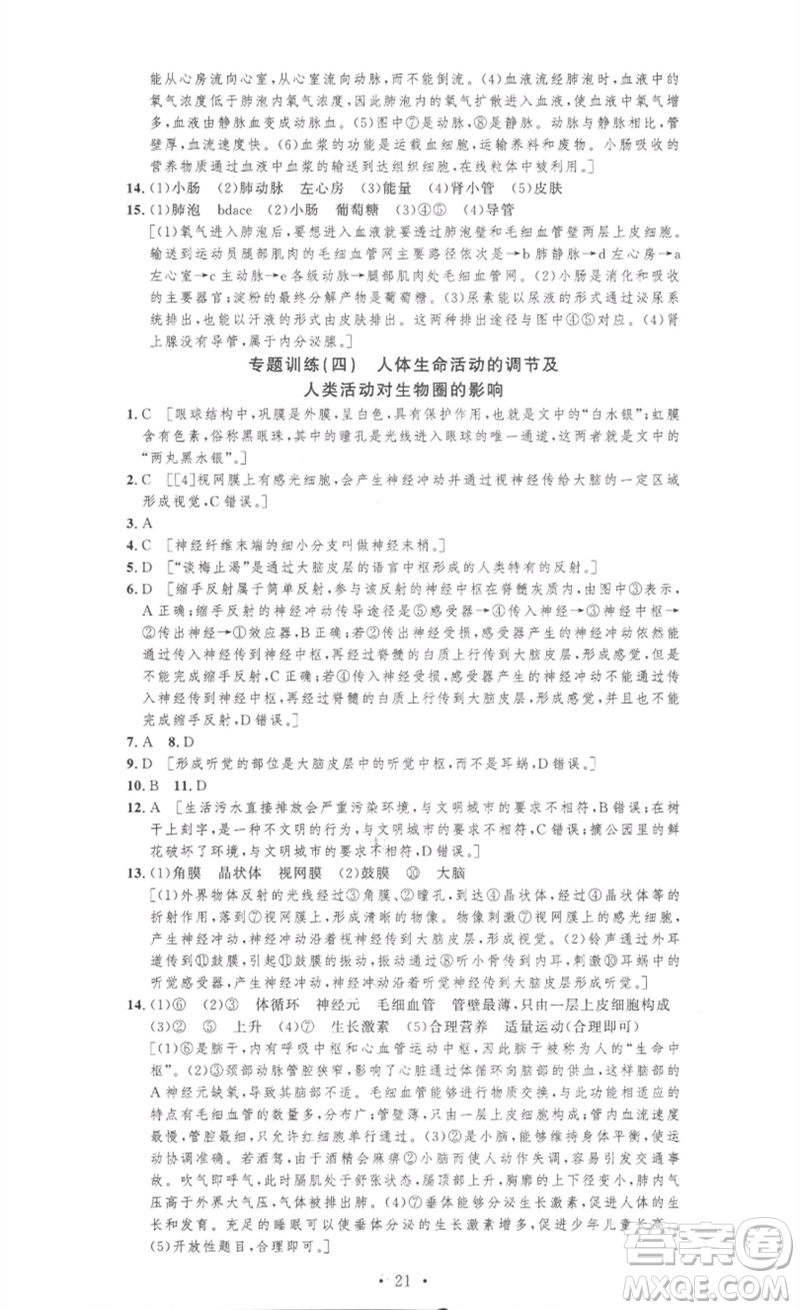 安徽人民出版社2023思路教練同步課時(shí)作業(yè)七年級(jí)生物下冊(cè)人教版參考答案