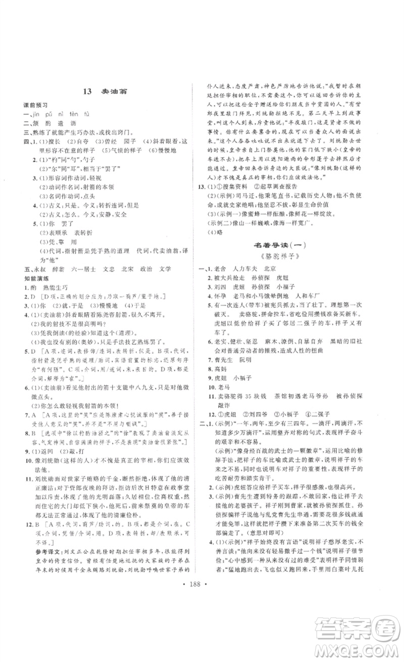 安徽人民出版社2023思路教練同步課時(shí)作業(yè)七年級語文下冊人教版參考答案