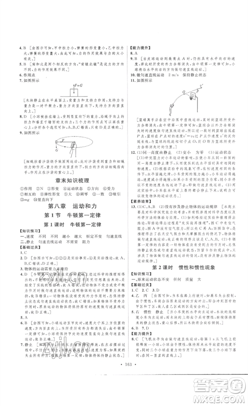 安徽人民出版社2023思路教練同步課時作業(yè)八年級物理下冊人教版參考答案