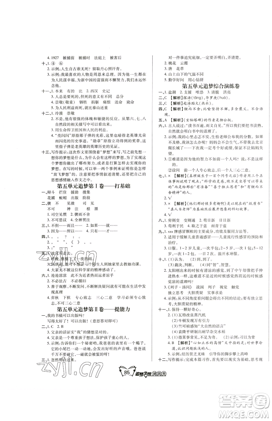 天津科學技術(shù)出版社2023追夢之旅鋪路卷六年級下冊語文人教版河南專版參考答案
