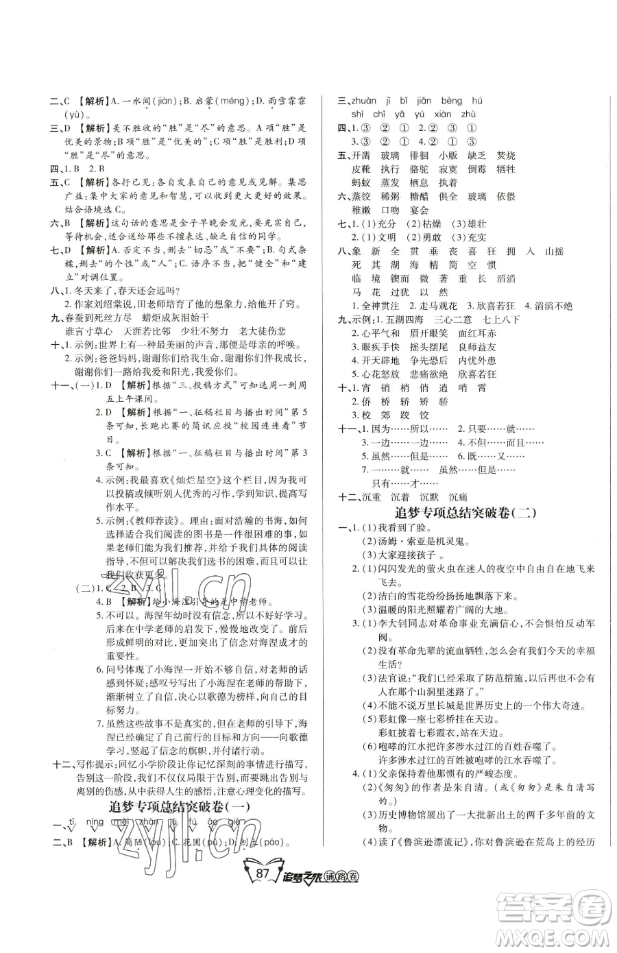 天津科學技術(shù)出版社2023追夢之旅鋪路卷六年級下冊語文人教版河南專版參考答案