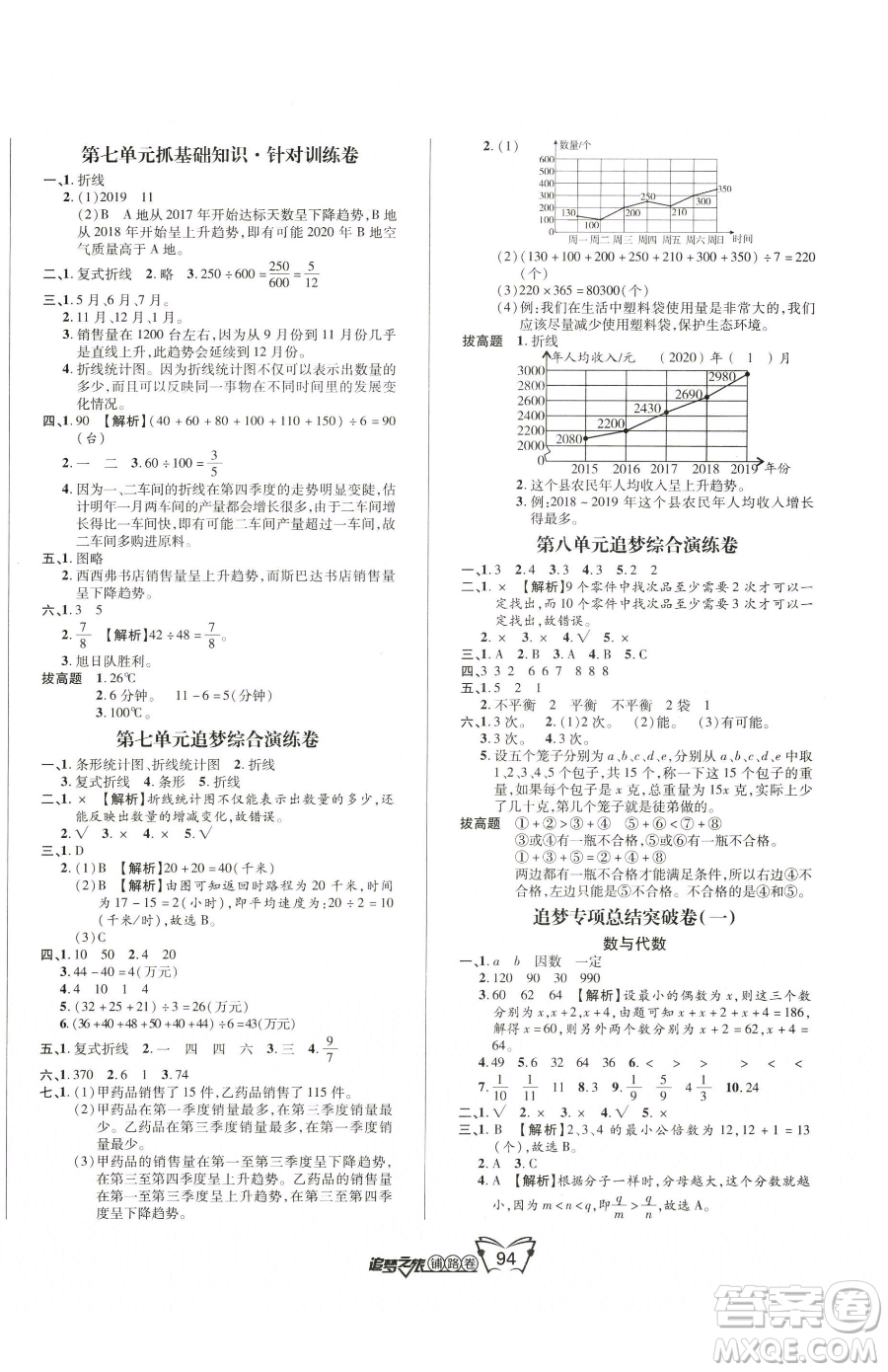 天津科學(xué)技術(shù)出版社2023追夢之旅鋪路卷五年級下冊數(shù)學(xué)人教版河南專版參考答案