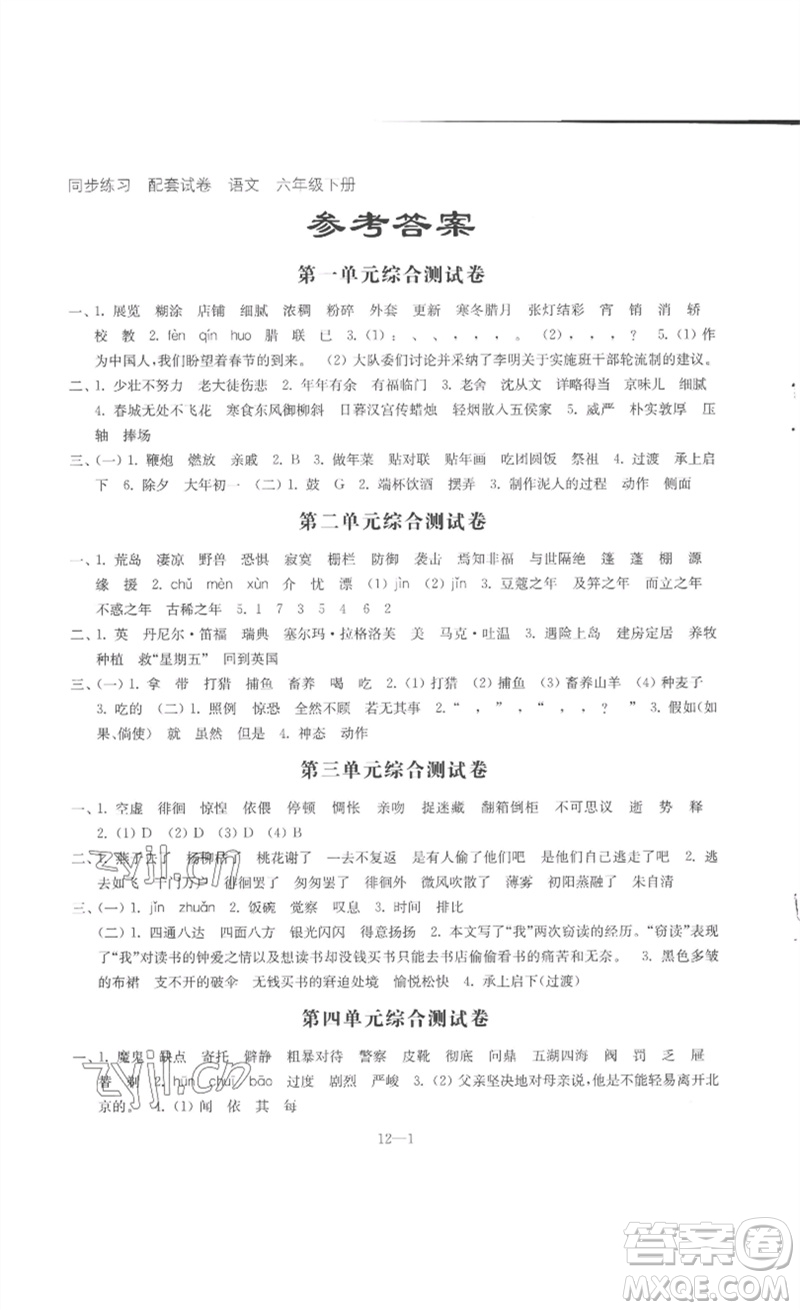 江蘇鳳凰科學技術(shù)出版社2023同步練習配套試卷六年級語文下冊人教版參考答案