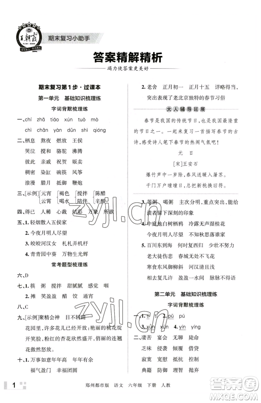 江西人民出版社2023王朝霞期末真題精編六年級下冊語文人教版鄭州專版參考答案
