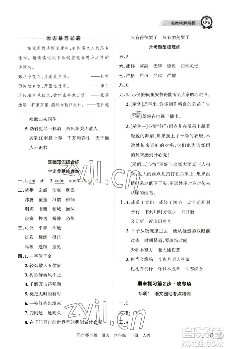 江西人民出版社2023王朝霞期末真題精編六年級下冊語文人教版鄭州專版參考答案