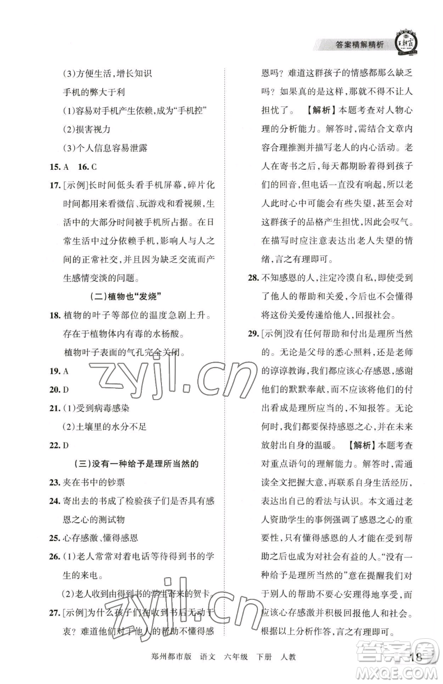 江西人民出版社2023王朝霞期末真題精編六年級下冊語文人教版鄭州專版參考答案