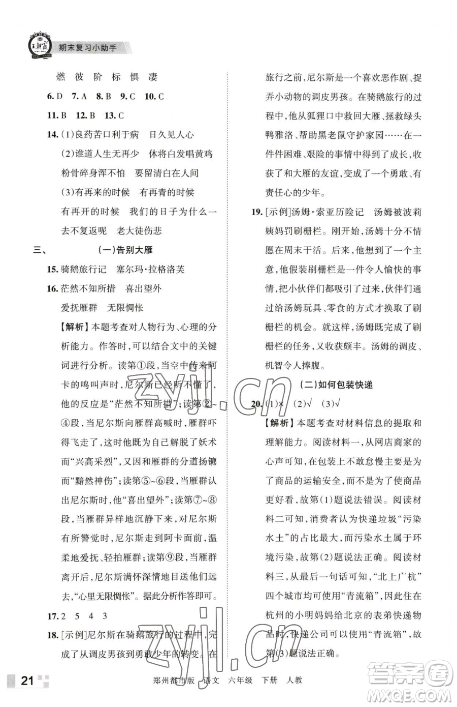 江西人民出版社2023王朝霞期末真題精編六年級下冊語文人教版鄭州專版參考答案